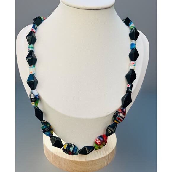 Millefiori Multicolored & Black Glass Beaded Necklaces 16” Artisan Boho T Clasp - Picture 1 of 11